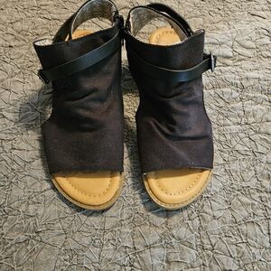 Blowfish Black Canvas Open-Toe Slingback Sandals with Tan Footbed